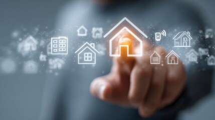 Poster - A hand reaches out to touch home model featuring smart home automation icons symbolizing technology and security
