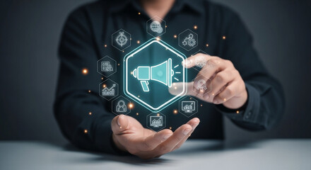 Poster - Person presenting digital marketing icons with a central megaphone in a hexagon shape glow