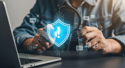 Leinwandbilder - Person using magnifying glass on digital shield with laptop for cybersecurity analysis focus concept
