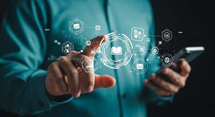 Poster - Person interacting with digital interface on phone showcasing data and network connections online
