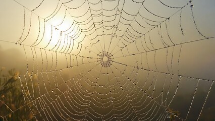 Spiderweb glistening with morning dew, illuminated by the soft light of dawn, creating a serene and delicate scene.