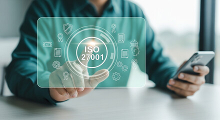 Poster - Person interacting with iso interface on a transparent screen while holding a smartphone device