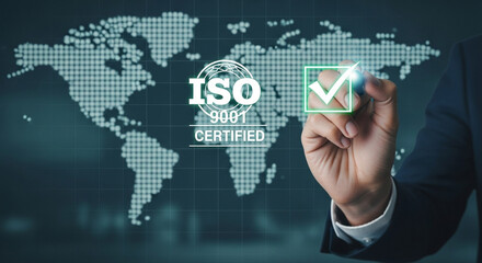Poster - Iso certified concept with world map and hand marking check box for quality assurance standard