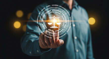 Aufkleber - Man touching digital scales of justice interface on screen in a dark setting with bokeh lights