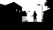 © VectorAura - Silhouette of a man holding a gun in a dark city street with buildings and street lights at night time