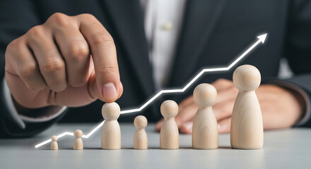 Poster - Person placing a wooden peg on a growth chart with an upward trending arrow in the background