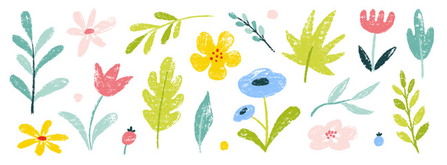 Aufkleber - Flower spring vector garden cute element set. Hand drawn pastel flower, leaf, wildflower daisy cute elements with crayon chalk texture. Doodle garden floral plant kid background. Vector illustration