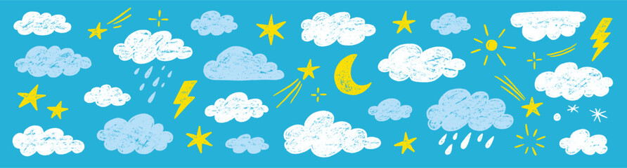 Poster - Crayon hand drawn pencil cloud element set. Hand drawn pastel crayon pencil stroke star, cloud, sun elements. Cute baby color sky elements school background with chalk texture. Vector illustration