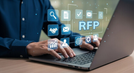Poster - A person typing on a laptop with rfp icons overlaid showing business and communication concepts online rfp