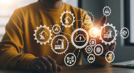 Poster - Person interacting with digital manufacturing automation icons and gear graphics overlayed image