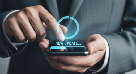 Poster - Person holding smartphone with new update notification and loading bar on the screen display showing