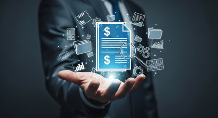 Poster - Businessman presenting financial document with dollar signs and data icons in his open hand