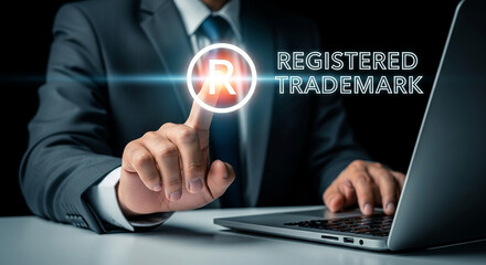 Poster - Man in suit touching registered trademark icon on laptop screen with a finger on white surface