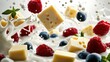 © AspctStyle - Splash of creamy milk with floating cubes of cheese, fresh raspberries, and blueberries in dynamic motion. Dairy freshness, fruity flavor, and creative food styling concept.