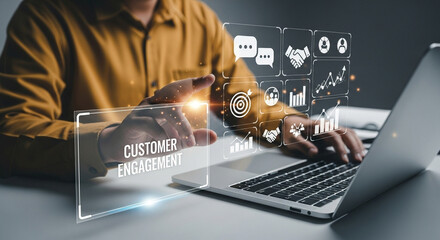 Leinwandbilder - Person uses laptop with customer engagement graphic overlays for business development work flow