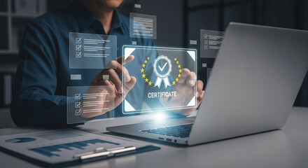 Poster - Person interacting with a digital certificate interface on a laptop screen at a desk space