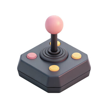 3d retro joystick with pink and yellow buttons isolated on transparent background