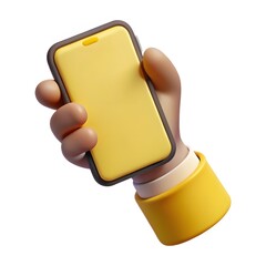 Poster - Stylized 3d cartoon hand holding a bright yellow smartphone with a dark gray bezel and a white background