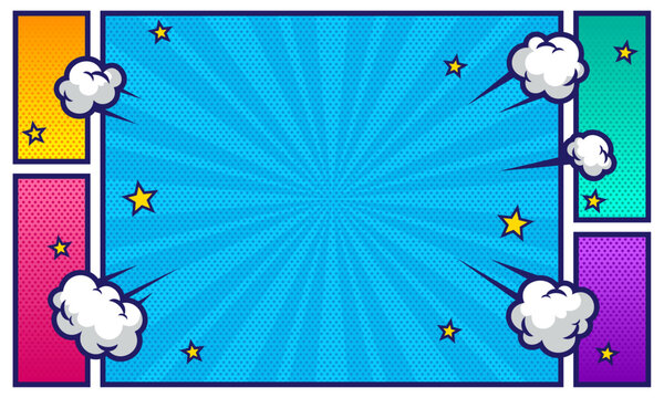 Comic pop art panel background blank space for text with cloud and stars