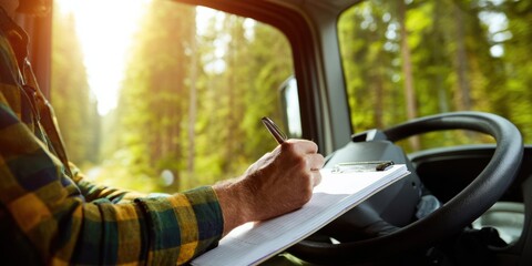 Aufkleber - Modern Truck Driver Filling Out Trip Checklist in Cab Surrounded by Paperwork, Symbolizing Responsible Logistics and Efficient Transportation Management