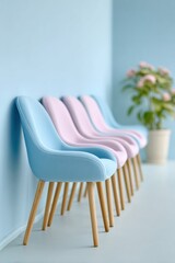 Poster - Modern Healthcare Clinic Waiting Area with Pastel Chairs and Potted Plants Featuring Scandinavian Design and Welcoming Atmosphere for Patient Comfort