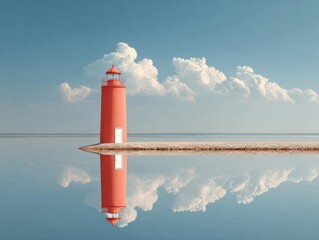 Aufkleber - Tranquil Lighthouse Reflection on Lake Conroe with Fluffy Clouds and Calm Water - Serene Travel Destination and Wellness Retreat Concept