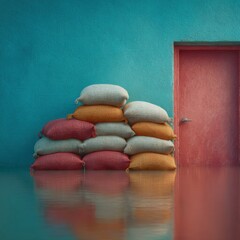 Poster - Modern Flood Barrier with Colorful Sandbags against Turquoise Wall and Red Door, Reflecting Rising Waters for Home Safety and Disaster Prevention