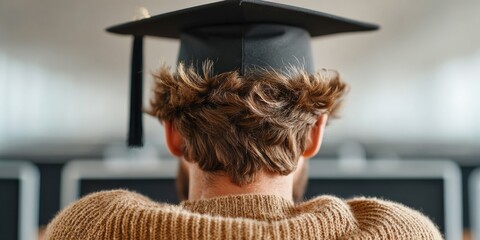 Poster - IT Professional Wearing Graduation Cap at Digital Workstation with Multiple Screens in Flexible Online Learning Environment for Career Growth