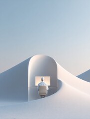 Poster - Minimalist Modern Workspace with IT Specialist, Curved Architectural Design and Soft Natural Light - Futuristic Tech and Remote Work Vibes
