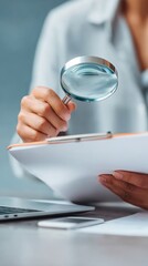 Aufkleber - Businesswoman Conducting Risk Assessment with Clipboard and Magnifying Glass in Modern Office for Strategic Investment Analysis and Digital Finance Control