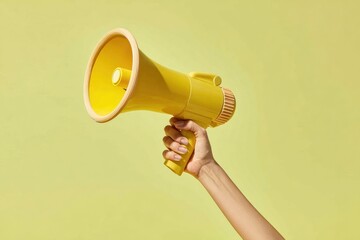 Aufkleber - Bold Yellow Megaphone Held in Hand on Neutral Background Symbol of Vocal Leadership and Amplified Influence for Business and Marketing