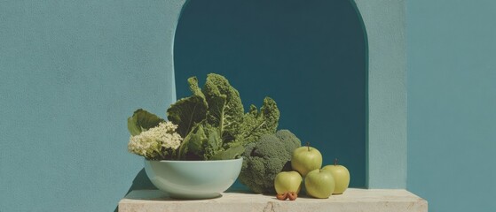 Aufkleber - Modern Plant-Powered Healing Display with Fresh Leafy Greens, Apples, Broccoli, and Nuts on Stone Surface for Wellness Branding and Nutrition Marketing