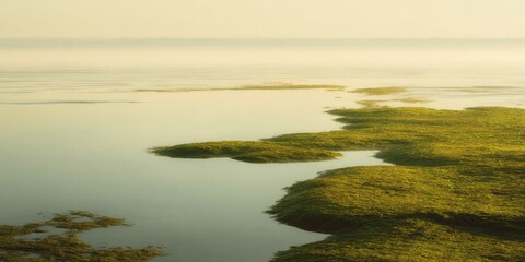 Poster - Serene Coastal Mist over Calm Sea with Lush Green Islands, Minimalist Nature Landscape for Wellness Branding and Relaxation Lifestyle Marketing