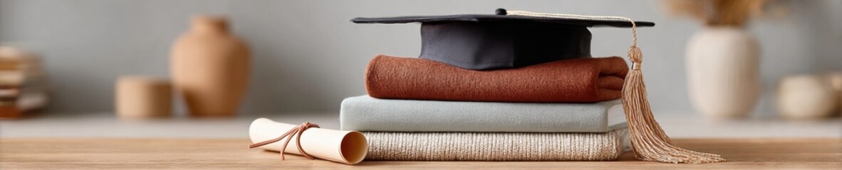 Poster - Repayment Plan Concept with Graduation Cap and Books Stacked Beside Rolled Diploma Symbolizing Academic Success and Student Financial Aid in Education
