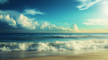 Wall Mural - blue sky over calm sea. blue sea and sunny sky on horizon over calm water