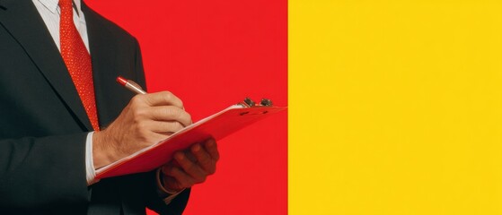 Poster - Modern business professional writing on clipboard with pen against vibrant red and yellow background symbolizing focus and organized office workflow
