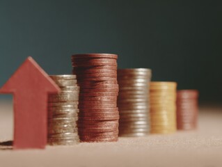Poster - Financial Growth Concept with Ascending Coin Stacks and Red Arrow Symbolizing Investment Gains and Rising Mutual Fund Returns for Business Marketing