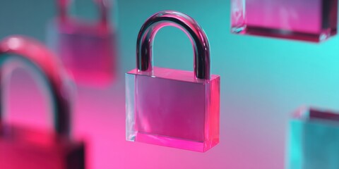Poster - Transparent Pink Padlock in Futuristic Digital Environment Symbolizing Secure Ledger Technology and Blockchain Finance Innovation for Fintech Marketing