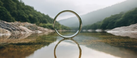Aufkleber - Levitation Circular Ring Hovering Above Calm Water with Reflection in Natural Landscape - Surreal Gateway Concept for Wellness and Travel Marketing