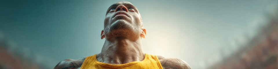 Poster - Dynamic Javelin Athlete Preparing for Powerful Evening Throw in Packed Stadium with Focused Posture - Competitive Sports Promotion and Modern Athletic Excellence