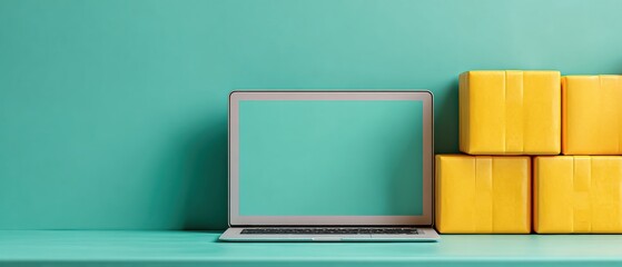 Poster - Modern Laptop with Inventory Management Software and Bright Packaging Boxes on Desk for Efficient Digital Supply Chain and Remote Logistics Solutions