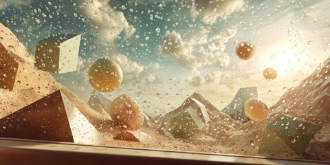 Poster - Surreal Imaginative Architecture with Geometric Shapes and Floating Spheres in Dreamlike Landscape for Creative Advertising and Limitless Ideas