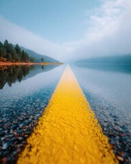 Aufkleber - Flooded Road After Hurricane with Submerged Yellow Markings Reflecting Forest and Mist - Climate Impact Awareness for Infrastructure Resilience