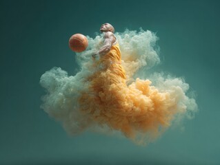 Poster - Dynamic Basketball Player Mid-Air Surrounded by Swirling Smoke in Vibrant Orange Haze for Sports Marketing and Athletic Branding Campaigns