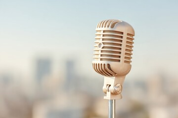 Aufkleber - Vintage Heritage Speech Microphone with Urban Skyline Backdrop Symbolizing Timeless Voice and Modern Communication Trends in Media Production