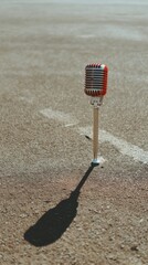 Aufkleber - Vintage Classic Microphone Standing Tall on Asphalt Surface with Retro Mesh Grille - Symbol of Professional Audio Branding and Podcast Voice Authority