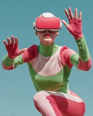 Poster - Woman in colorful haptic suit using VR headset reaching out in open space showcasing immersive virtual reality and advanced sensory technology for experience marketing
