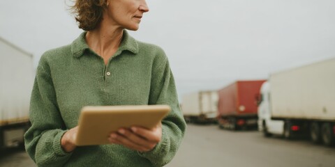 Poster - Fleet management specialist using digital tablet for route optimization with delivery trucks in rainy urban logistics environment, showcasing tech-driven efficiency