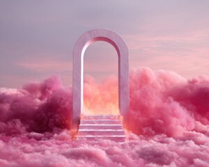 Poster - Surreal Eternal Flame Archway in Pink Clouds Symbolizing Passage Between Light and Fire for Conceptual Branding and Modern Digital Marketing