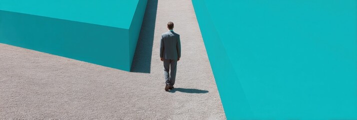 Aufkleber - Strategic Businessman Facing Maze Entrance with Bold Blue Walls Symbolizing Complex Problem Solving and Operational Challenge Navigation for Corporate Innovation